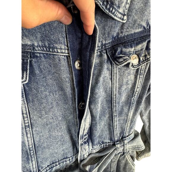 ZARA 100% Cotton Acid Wash Long Sleeve Belted Button Down Denim Jumpsuit Size M - Picture 4 of 9